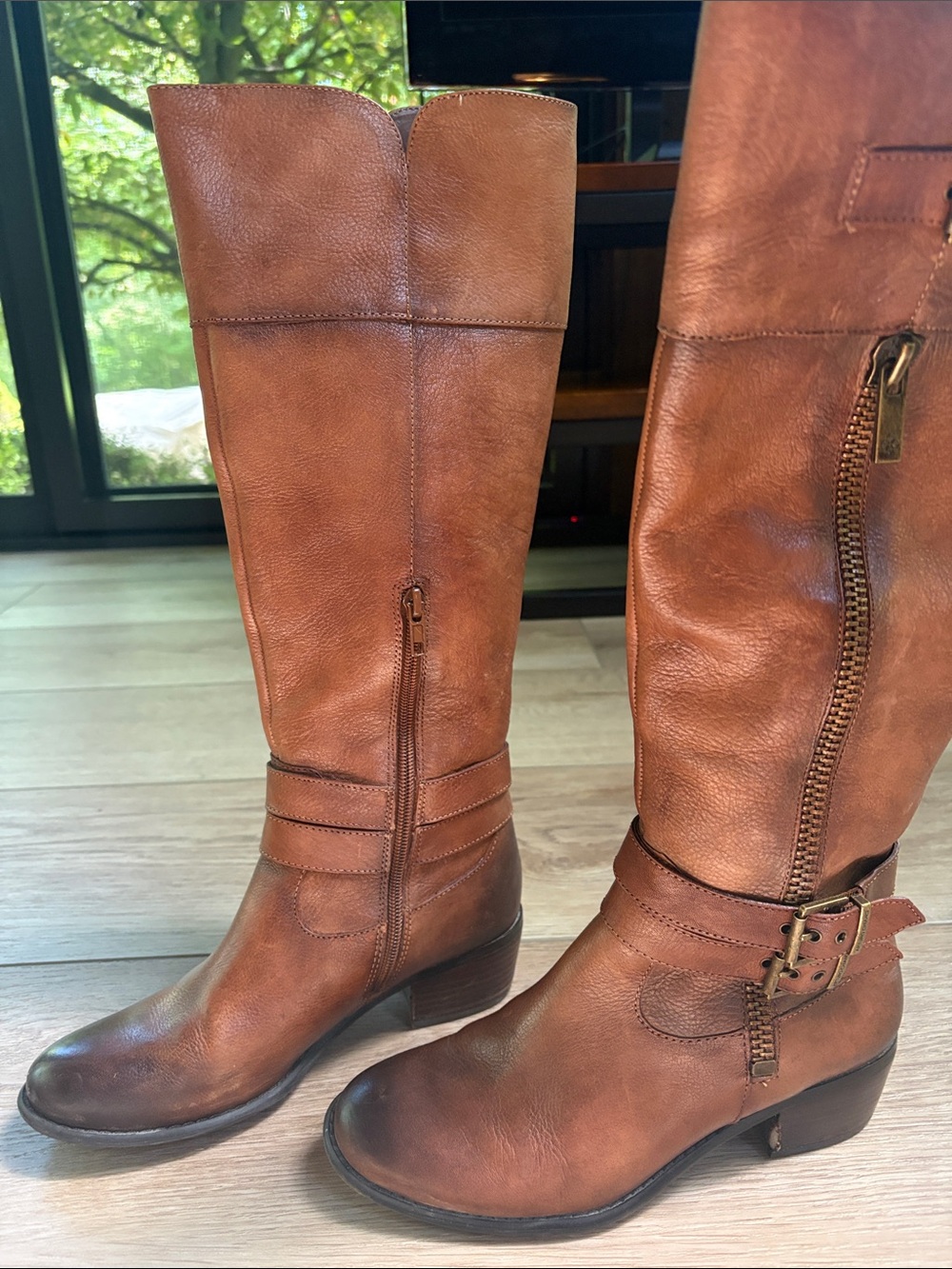 Arturo Chiang Cognac Brown Leather Mid-Calf Riding Boots with Buckle Detail
